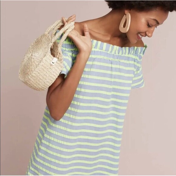 CoreyLynnCalter Bayside  Green Blue Striped Off Shoulder Flutter Dress Womens M - Picture 2 of 10